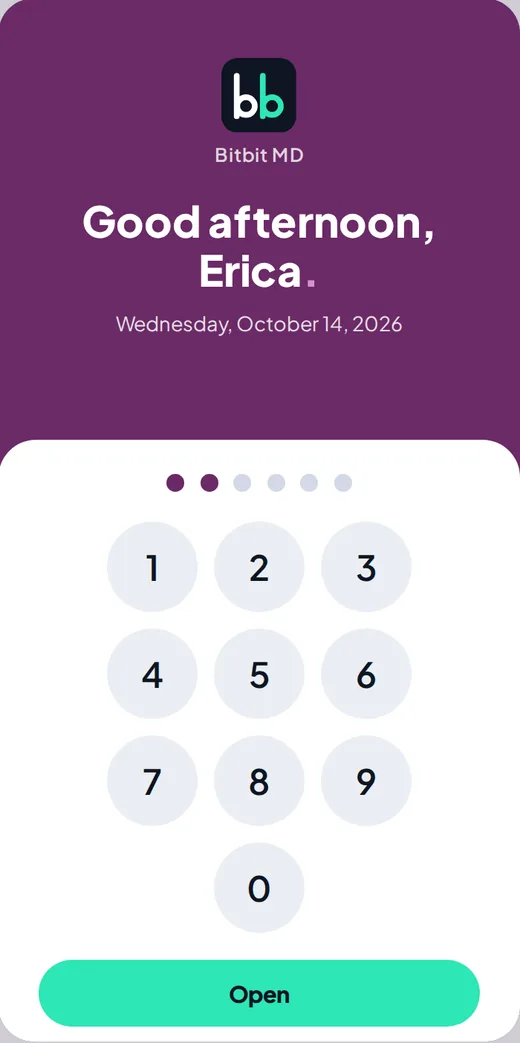 The Bitbit MD lock screen on a phone, asking for a PIN.